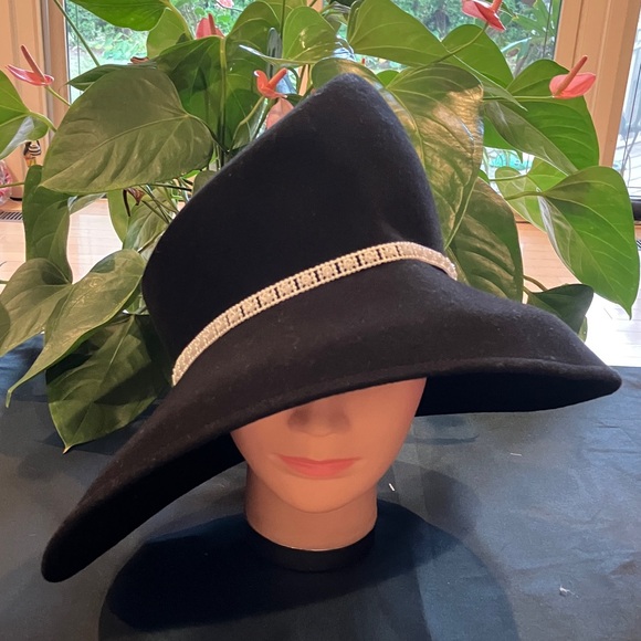 Chic Black Asymmetrical Wool Hat with White Pearl Beaded Rhinestone Band - Picture 1 of 6